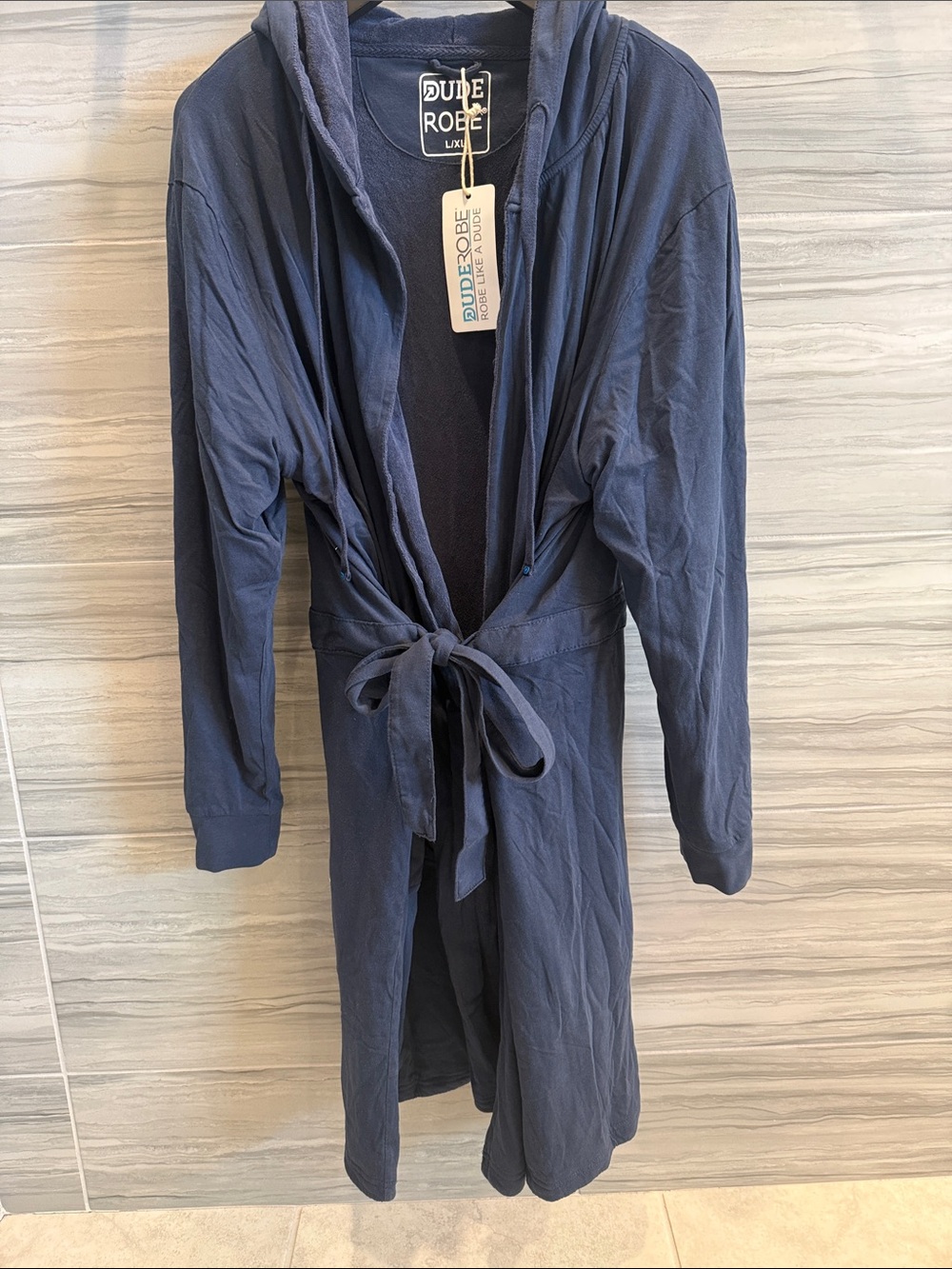 Men's Navy Hooded Robe with Tie Belt